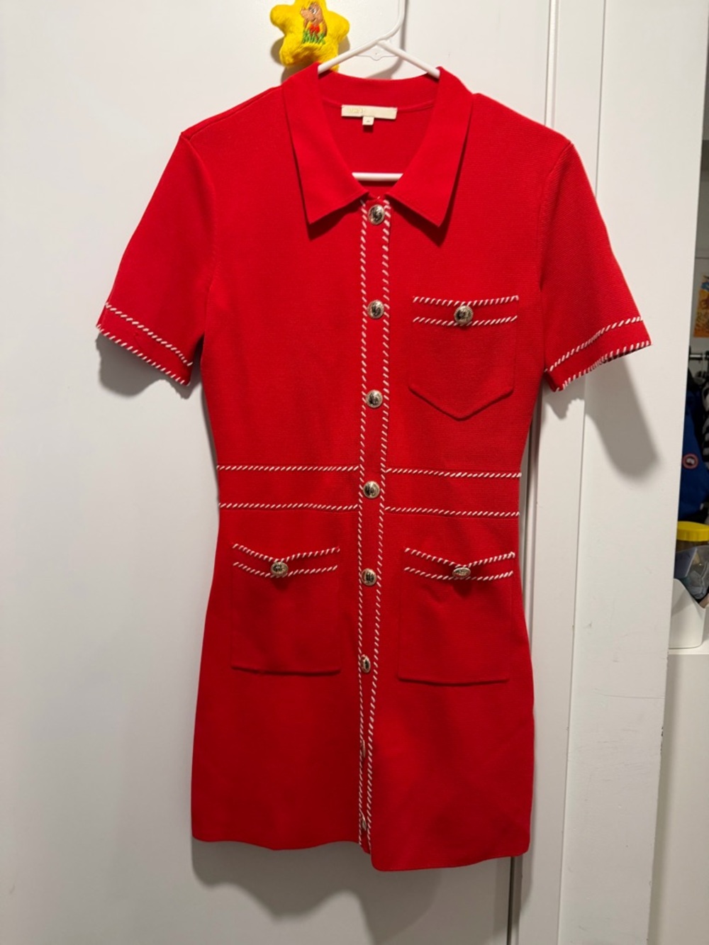 Maje Red Short-Sleeve Button-Front Knit Mini Dress